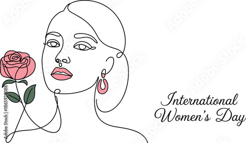 International Women’s Day illustration, minimalist woman line art, female portrait with rose, elegant feminist design, modern one line drawing