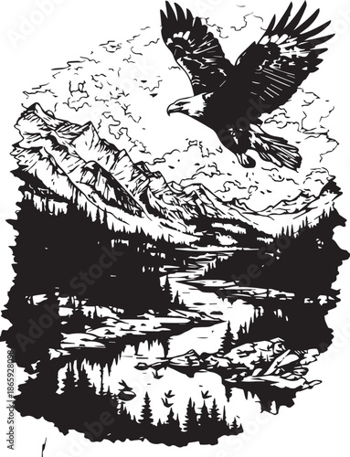 Soaring Majesty: An eagle majestically takes flight above a breathtaking mountain landscape, soaring over a pristine river valley, a testament to freedom and the raw beauty of nature.
