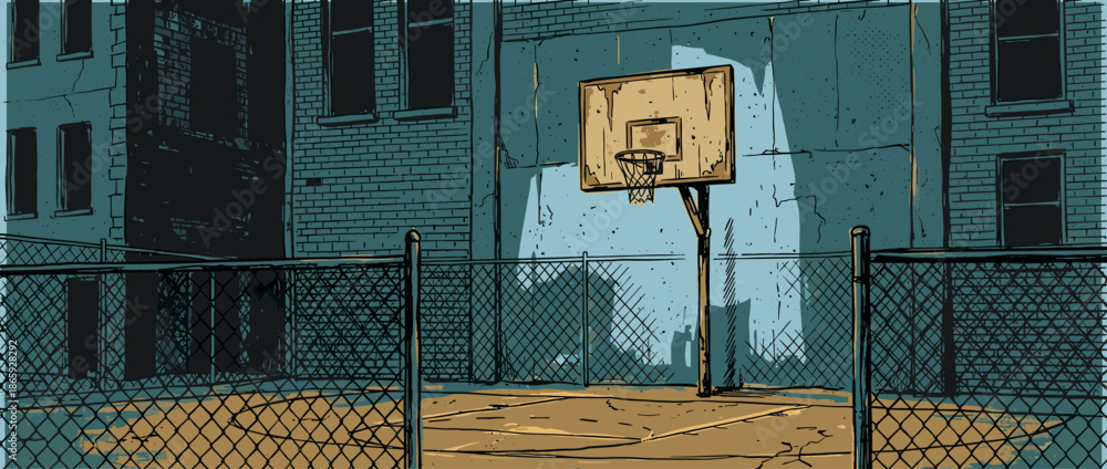 Fototapeta premium Solitary, worn-out basketball hoop on an empty city court is highlighted by a dramatic beam of light in this moody, graphic novel style illustration