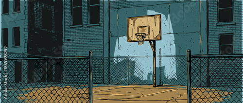 Solitary, worn-out basketball hoop on an empty city court is highlighted by a dramatic beam of light in this moody, graphic novel style illustration