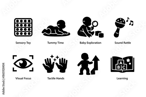 Collection of baby development icons including toys and activities
