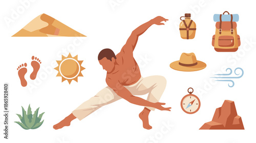 Set of desert travel and survival icons showing a man, backpack, compass, and sand dune in a flat vector illustration style, representing adventure and exploration