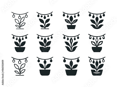 Fairy Lights Icon Set. Adding fairy lights around garden plants for evening ambiance. Icon set. Set Logo of adding fairy lights around garden plants for