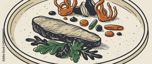 Stylized illustration of a grilled fish fillet with fresh greens, vegetables, and mussels, depicted in a rustic, hand-drawn linocut style perfect for gourmet food concepts
