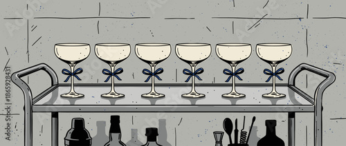 Six elegant coupe cocktail glasses decorated with blue ribbon bows stand in a row on a metal bar cart, a hand-drawn illustration with a retro graphic style
