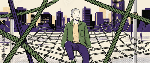 Thoughtful young person with a buzz cut sits on a rope net structure high above a modern city skyline in a graphic comic book style illustration