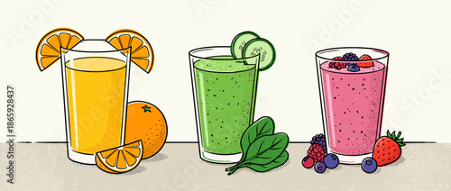 Three colorful fresh fruit and vegetable smoothies in glasses, featuring orange juice, a green detox drink, and a mixed berry blend in a vibrant, hand-drawn illustration style