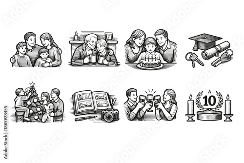 Hand-drawn family celebrations and milestones illustration set