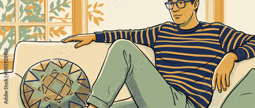 Calm young man wearing glasses and a striped shirt is lounging on a comfortable couch at home, illustrated with a vintage graphic novel aesthetic and halftone details