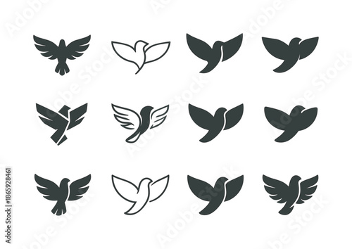 Inspirational Bird Logos. Inspirational. Icon set. Set Logo of inspirational: flying bird. harmonious logo variations of the same emblematic concept, each with