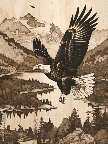 Soaring Eagle Over Scenic Landscape: A majestic eagle takes flight, soaring gracefully over a breathtaking landscape of mountains, lakes, and forests. A symphony of nature's beauty from above.