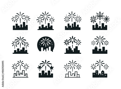 Fireworks Icon Set. Holiday fireworks exploding over a city skyline. Icon set. Set Logo of Holiday fireworks exploding over a city skyline: firework bloom