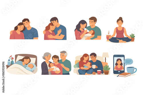 Family moments and parenting activities illustrations set