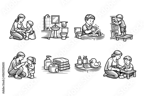 Illustrated scenes of children learning self-care skills with adults