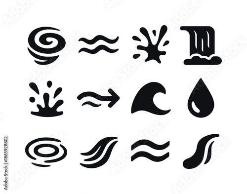 Black Water Icons. Running water. Solid icon set of Running water: rapid swirl, flowing line, water burst, cascade mark, splashing dot, current drag arrow,