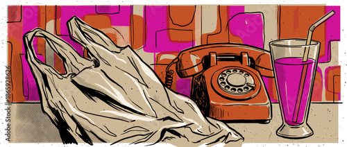 Plastic bag, vintage rotary phone, and a glass of pink drink in a vibrant, retro pop art illustration with bold outlines and halftone dot patterns