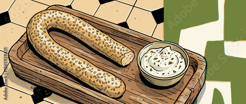 U-shaped sesame seed breadstick with a creamy herb dip is served on a rustic wooden board in a retro comic book style illustration with halftone shading