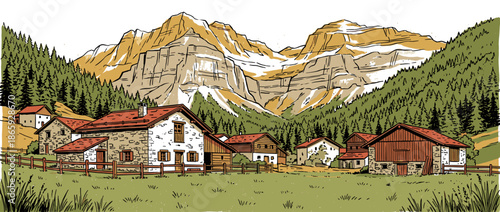 Charming rustic village with stone houses and red roofs nestled in a serene mountain valley surrounded by a dense pine forest, depicted in a hand-drawn illustrative style