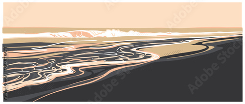 Braided river landscape illustration with flowing water currents winding through a dark plain towards distant mountains in a minimalist, modern, and graphic vector art style