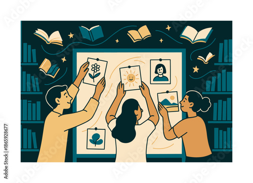 Library Art Display. Library art corner. People pinning drawings onto a tall community board; gentle uplift lines. Books and tiny stars hovering with