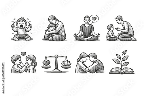 Hand-drawn illustrations of family emotions and interactions