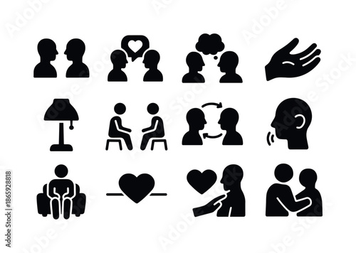 Emotional Conversation Icons. Deep emotional conversations. Solid icon set of Deep emotional conversations: two silhouettes, heart dialogue, shared thought