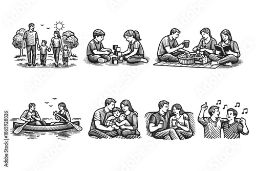 Vintage style illustrations of family activities outdoors