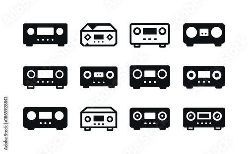 Home Theater Icons. Home theater system. Icon set. Set Logo of home theater system: AV receiver. harmonious logo variations of the same emblematic concept,