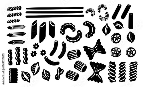 Black silhouette illustration set of various pasta shapes including spaghetti, penne, fusilli, macaroni and farfalle. Minimal graphic elements perfect for food branding, packaging, menus, prints
