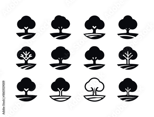 Tree Logo Variations. lone tree in field. Icon set. Set Logo of lone tree in field: shadowed trunk. harmonious logo variations of the same emblematic concept,