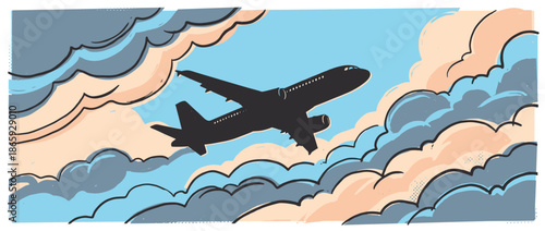 Black passenger airplane silhouette ascending through colorful, layered clouds in a retro hand-drawn illustration with bold outlines and a graphic, comic-like aesthetic