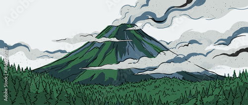 Stylized green volcano illustration emitting smoke and steam from its crater above a dense pine forest in a graphic, hand-drawn comic book style