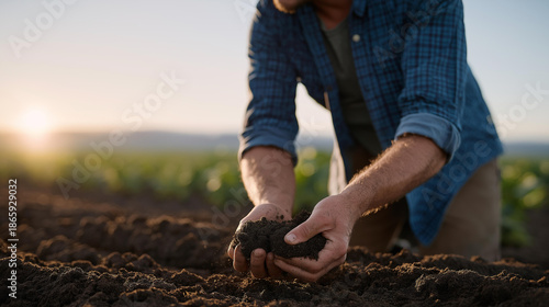 A farmer kneeling in a field, crumbling rich dark soil between their fingers to assess moisture and fertility levels at sunrise, symbolizing sustainable agriculture and land stewardship. cinematic
