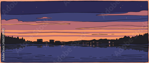 Panoramic cityscape illustration features a silhouetted city with glowing windows reflecting in calm water under a colorful sunset sky in a retro comic book art style