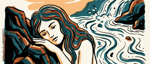 Pensive woman with long wavy hair in a graphic linocut style illustration rests by a flowing stream, depicted with bold lines and a textured, limited color palette