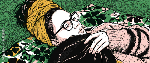 Graphic illustration of a serene woman with glasses and a yellow headscarf lying down and relaxing outdoors, created in a bold, modern comic book art style with stippling details