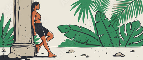 Athletic woman in sportswear taking a break against a weathered stone pillar surrounded by lush tropical foliage in a modern, minimalist hand-drawn illustration