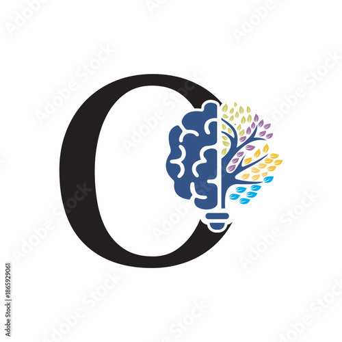 Brain Tree Logo  combine with letter O vector template