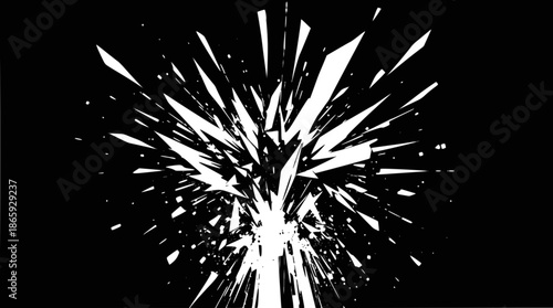 White shards exploding outwards against a black background, creating a dynamic abstract visual effect.