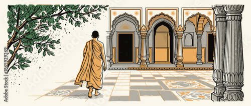 Buddhist monk in a traditional orange robe walks through a serene temple courtyard towards an ornate building with arches in a graphic illustration style