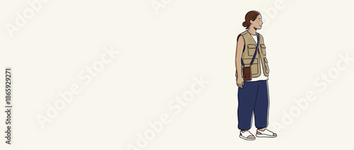 Stylish person wearing a utility vest and baggy trousers stands in profile view in this minimalist hand-drawn fashion illustration with a calm and casual aesthetic