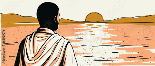 Person in a white draped robe looks out at a serene landscape with a setting sun, rendered in a minimalist graphic illustration style with bold lines and textures