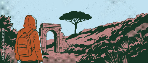 Traveler in an orange hoodie and backpack looks at ancient stone ruins in a hilly landscape, a retro comic book style illustration with halftone textures