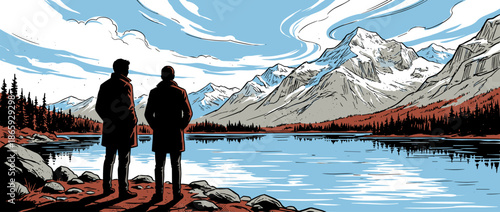 Two silhouetted people in coats stand together on a rocky shore, looking at a serene mountain lake and snowy peaks in a bold graphic illustration style with strong linework