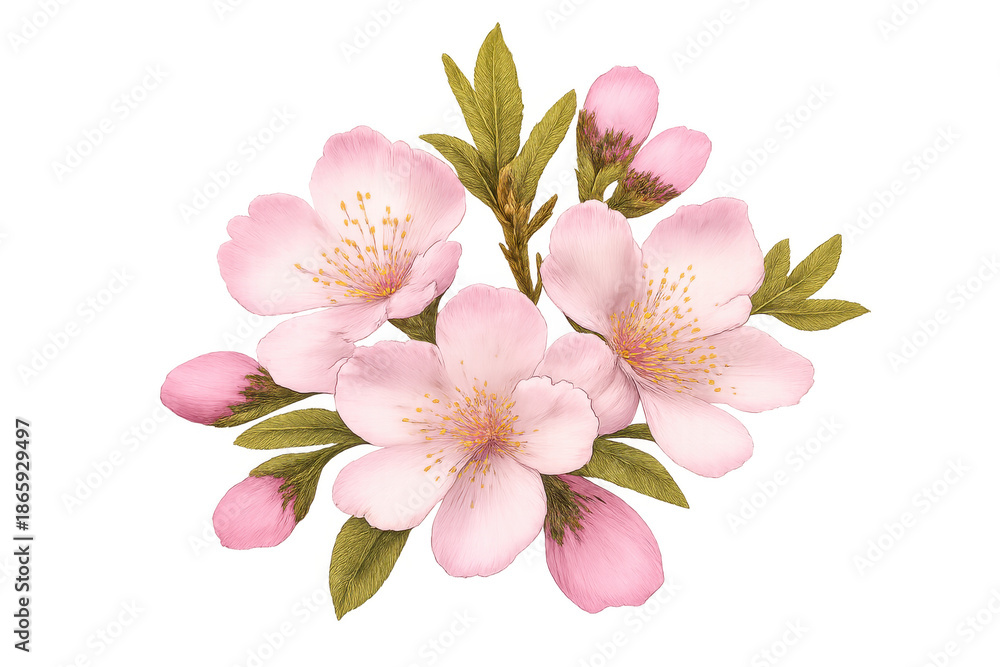 Fototapeta premium Pink cherry blossom flowers and buds with green leaves blooming, traditional japanese sakura floral illustration on transparent background