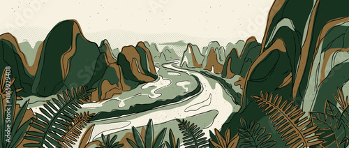 Hand-drawn illustration of a winding river flowing through a lush green mountain valley with tropical ferns in the foreground, depicted in a stylized graphic comic book art style