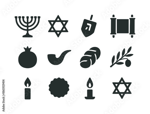 Jewish Holiday Icons. Jewish Holiday Symbols. Solid icon set of Jewish Holiday Symbols: menorah, Star of David, dreidel, Torah scroll, pomegranate, shofar,