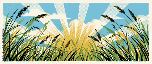Vintage graphic illustration of a sunlit field with tall grass and wheat stalks viewed from a low angle, featuring a retro comic book style with bold outlines and halftone patterns