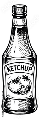 Hand drawn illustration of a ketchup bottle depicting its classic label for food and condiment themes