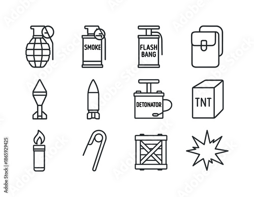 Military Explosive Icons. Military Explosives. Line icon set of Military Explosives: fragmentation grenade, smoke grenade, flashbang, explosive satchel, shaped